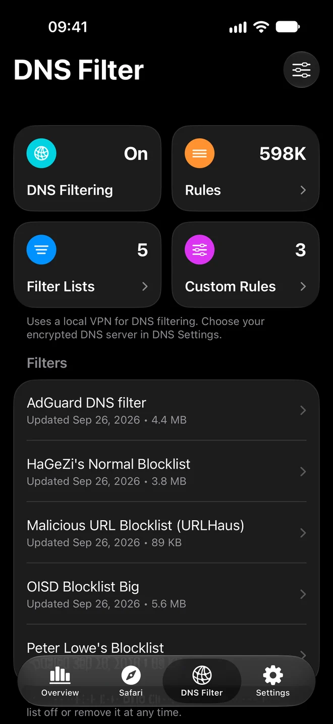 DNS filtering, rules, filter lists, and custom rules in Void.