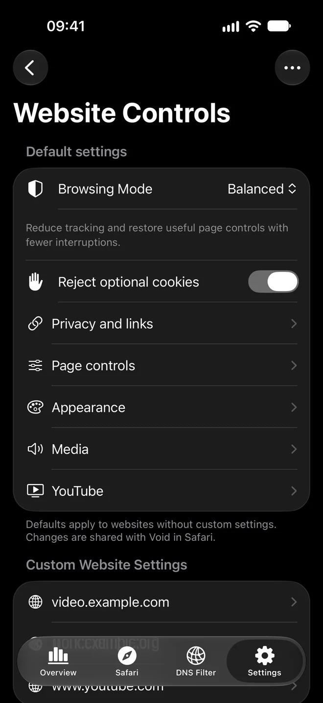 Website Controls with browsing defaults and per-site settings in Void.