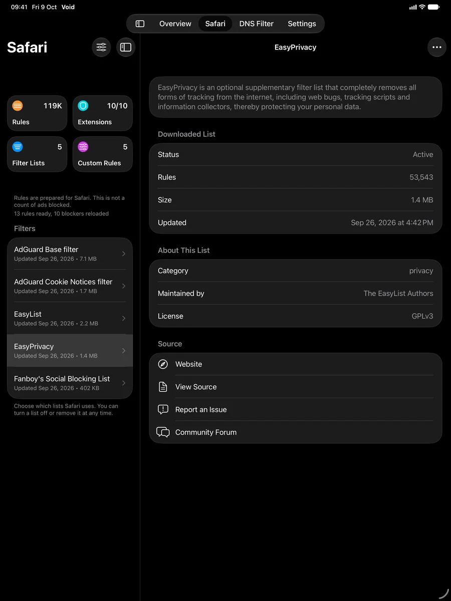 Void on iPad showing Safari lists beside list details