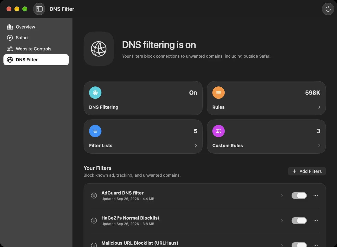 Native Mac DNS Filter settings and filter lists.