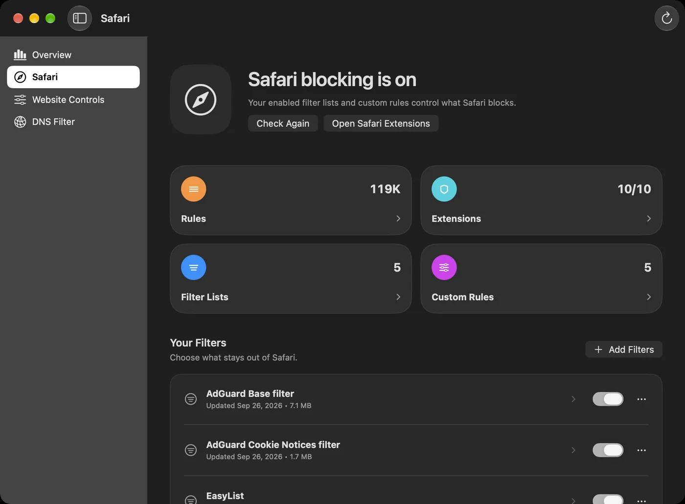 Mac Safari controls with filter lists and custom rules.