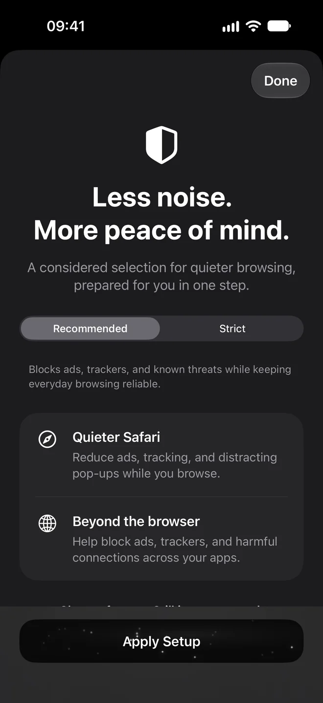 Recommended Protection explains the curated Safari and DNS setup included with Void Pro.