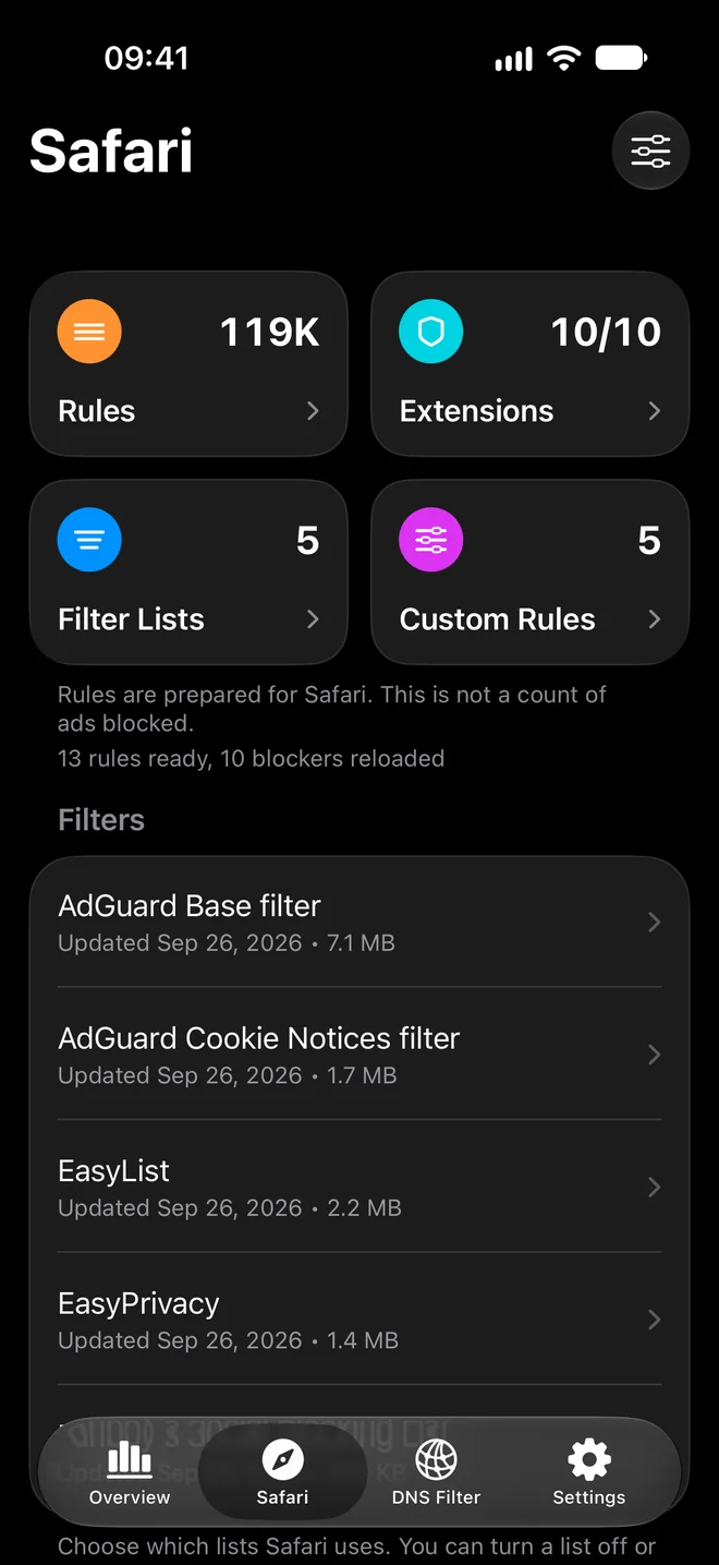 Safari filter lists, custom rules, and enabled extensions in Void.