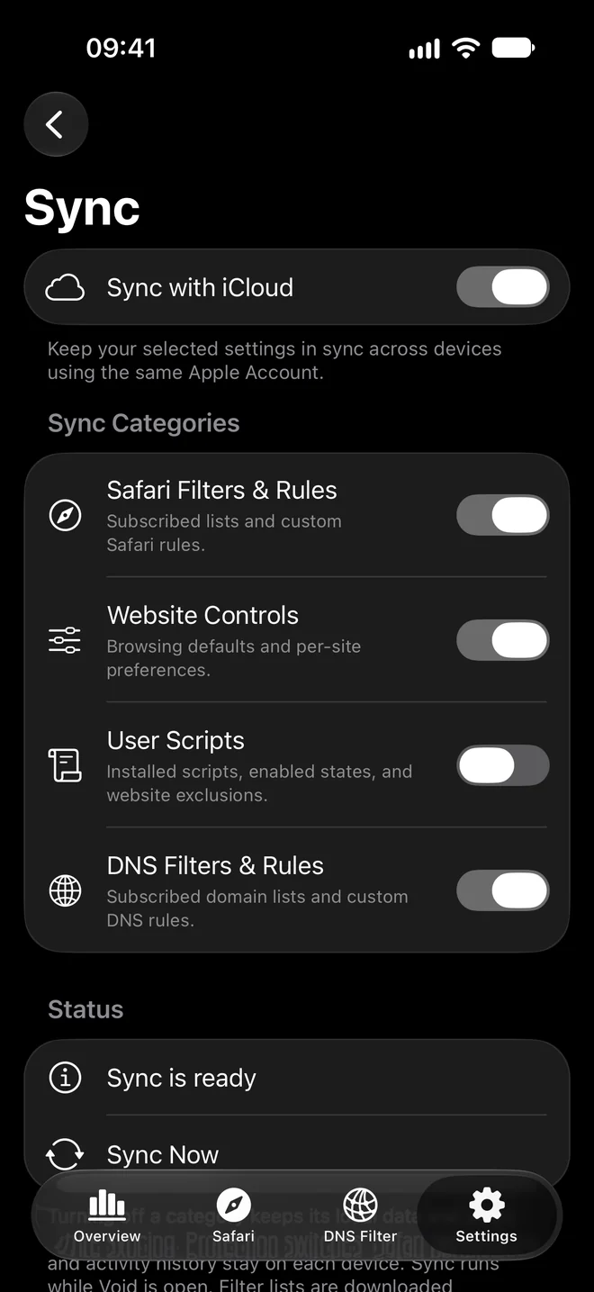 Void iCloud settings with separate choices for Safari filters, Website Controls, user scripts, and DNS filters.