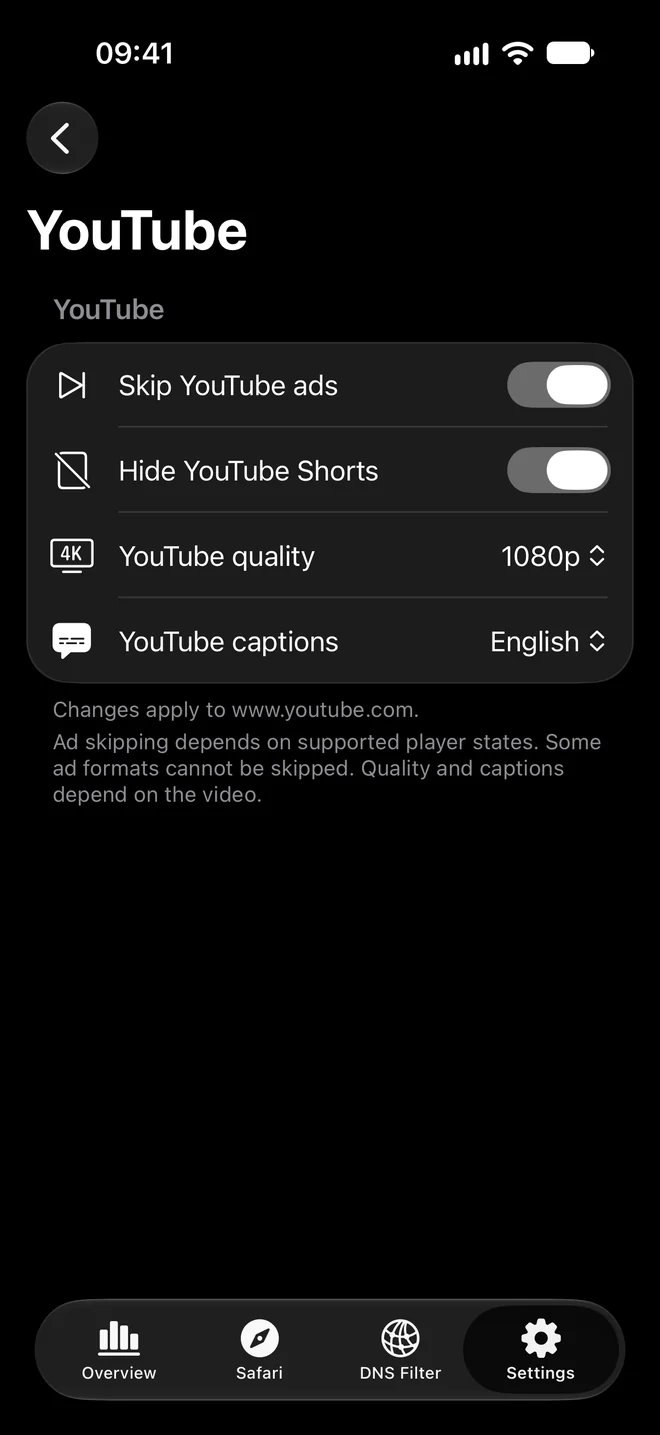 YouTube controls with ad skipping, hidden Shorts, 1080p quality, and English captions.