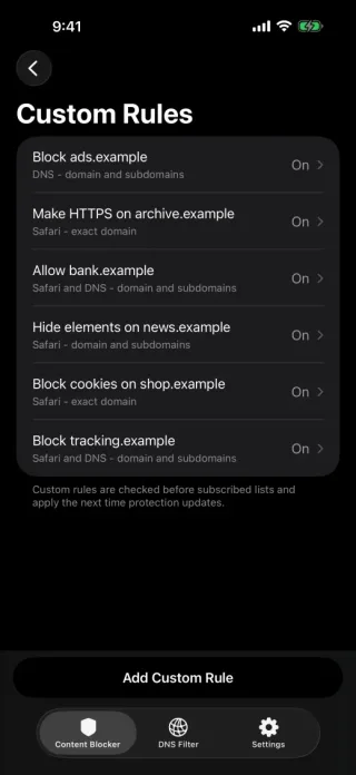 Void Custom Rules screen with Safari and DNS rules.