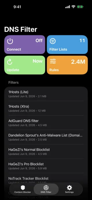 Void DNS Filter showing downloaded lists and generated rule counts.