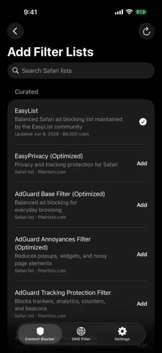 Void Add Filter Lists screen with curated filter lists.