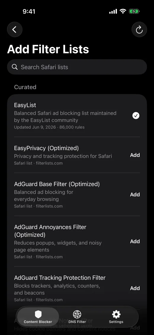 Void Add Filter Lists screen with curated filter lists.