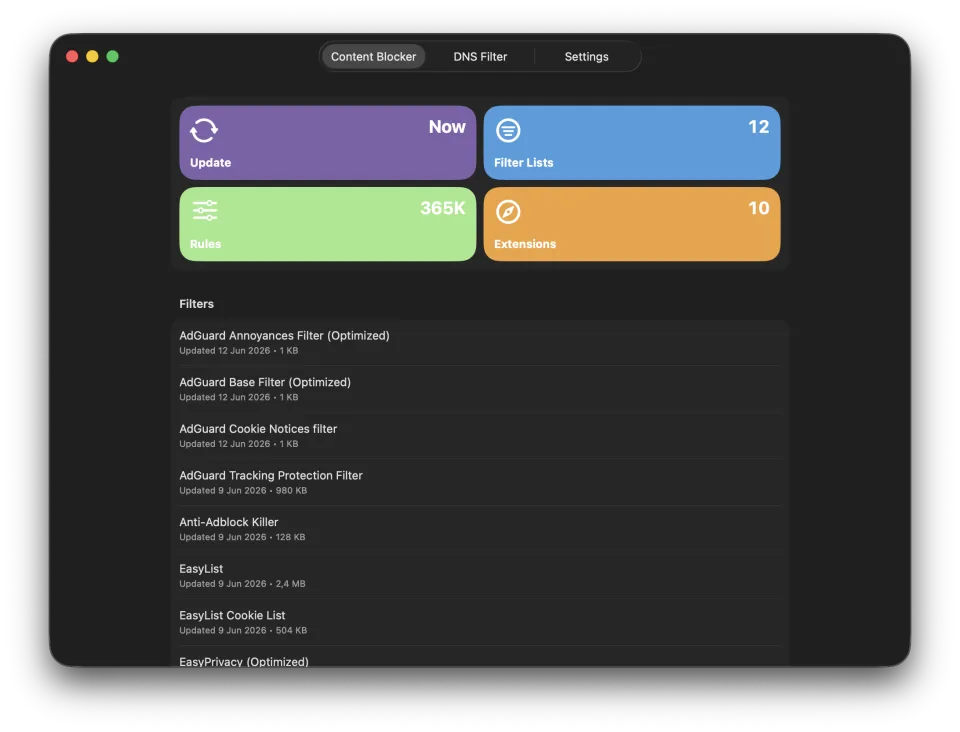 Void running on macOS with content blocker controls.